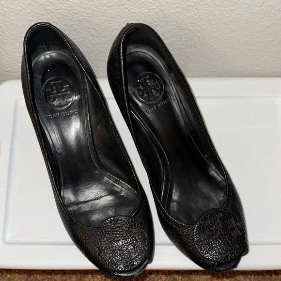 Tory Burch Black Leather Peep-Toe Heels - Picture 2 of 9